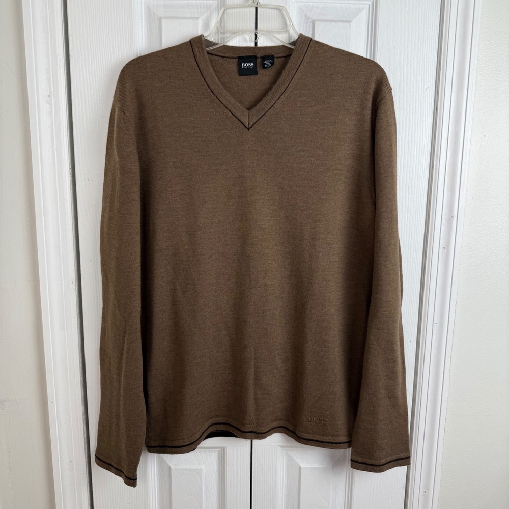 Hugo Boss Albin Mens Brown 100% Virgin Wool V-Neck Sweater Made in Italy Size XL